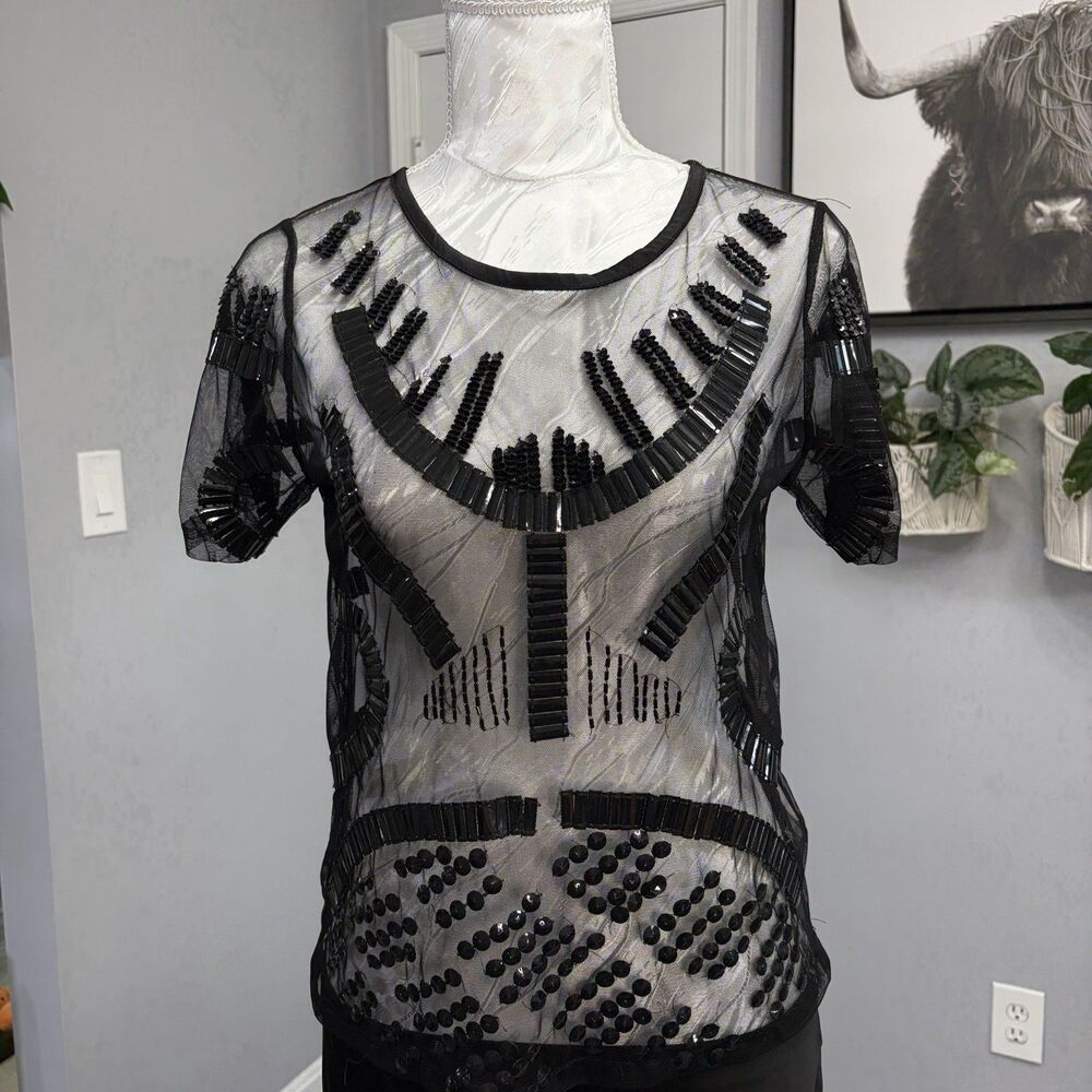 Bar III Black Beaded Sequin Mesh Blouse Top S Sheer Geometric Art Deco Party
